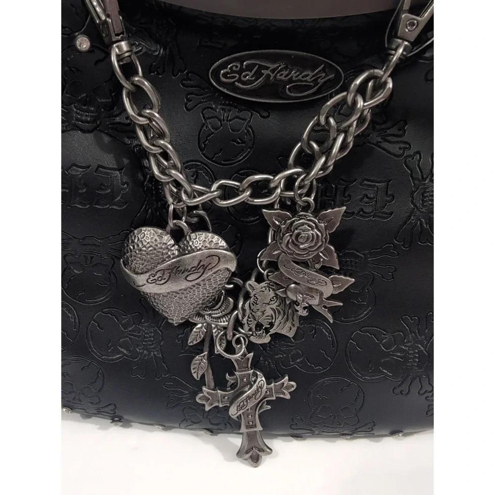 Ed Hardy Black Skull Kiss Lock Shoulder Bag Studded Chain Strap Charm Punk Goth
